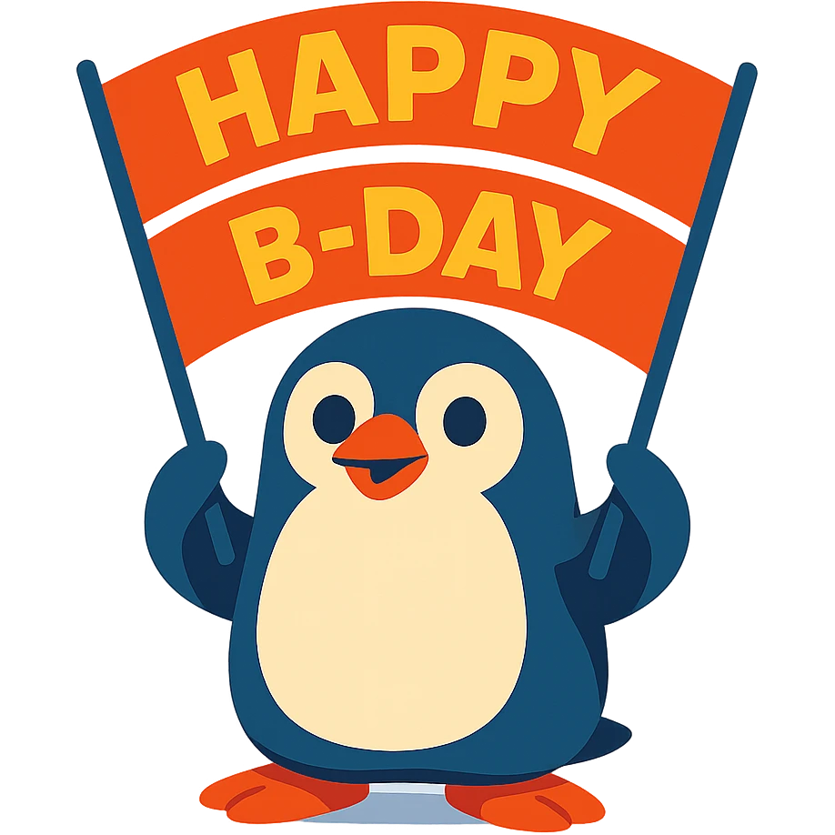 penguin holding a "Happy B-Day" banner, vibrant-toon style emoji