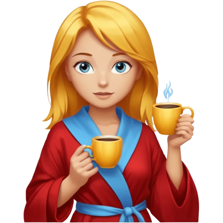 lightly tanned skin, blue eyes, cute and sexy girl with bright yellow-brown hair in a few shades of red robe, golden rings, slight cute makeup, full body, slightly turned aside pose, holding a coffee mug emoji
