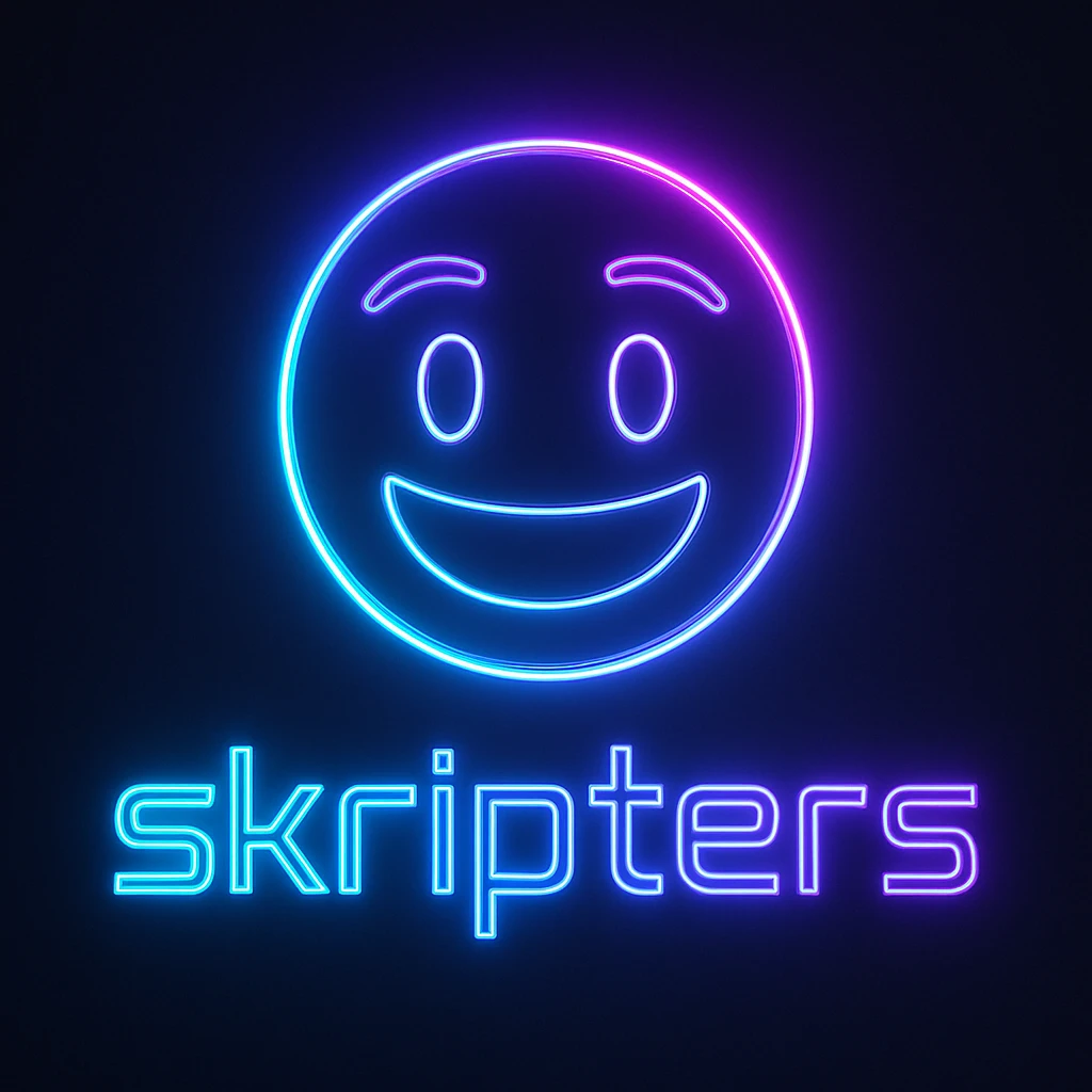 sleek neon-themed emoji logo with the word 'skripters' in a futuristic font, glowing with blue and purple hues emoji