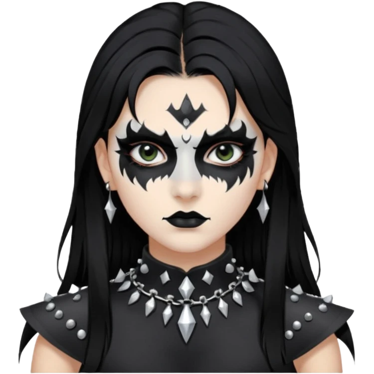 Crea una ragazza con stile black metal,  paint face black metal, capelli neri mossi dalle spalle e occhi bianchi e un collare con borchie a punta emoji