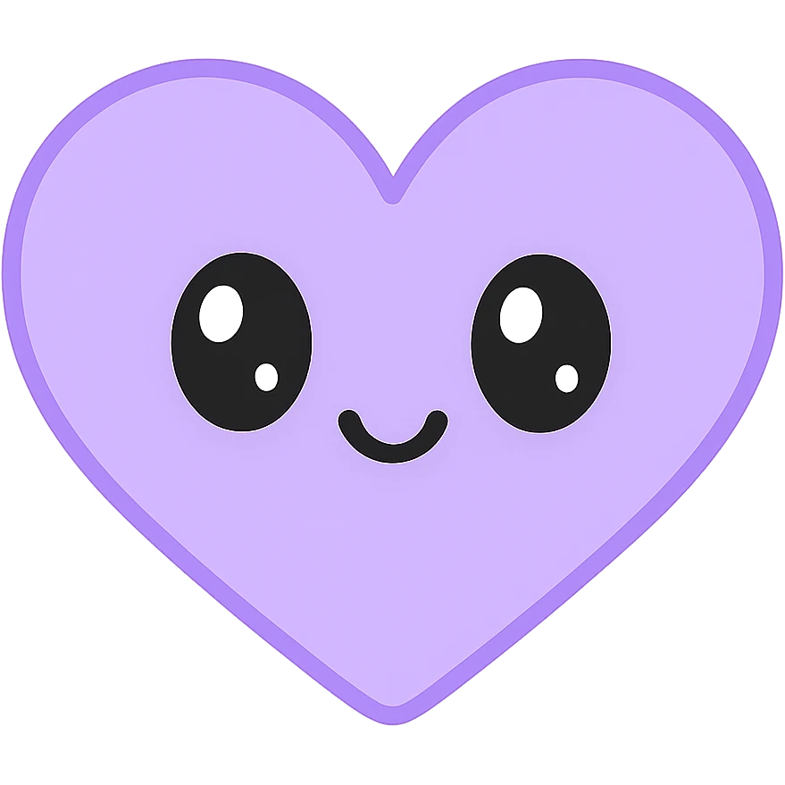 purple heart with cute face, kawaii style, no text, transparent background emoji
