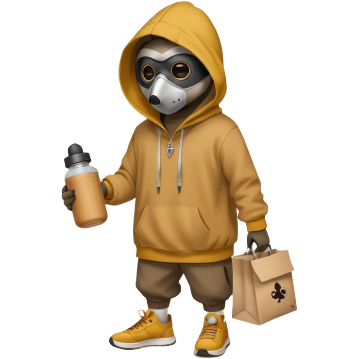 Crear ub mapache que sea solo dibujado con sudadera color mostaza y zapatillas + gorra que esté robando un hoy doy con cara de plaga y packaging que diga Rocco emoji