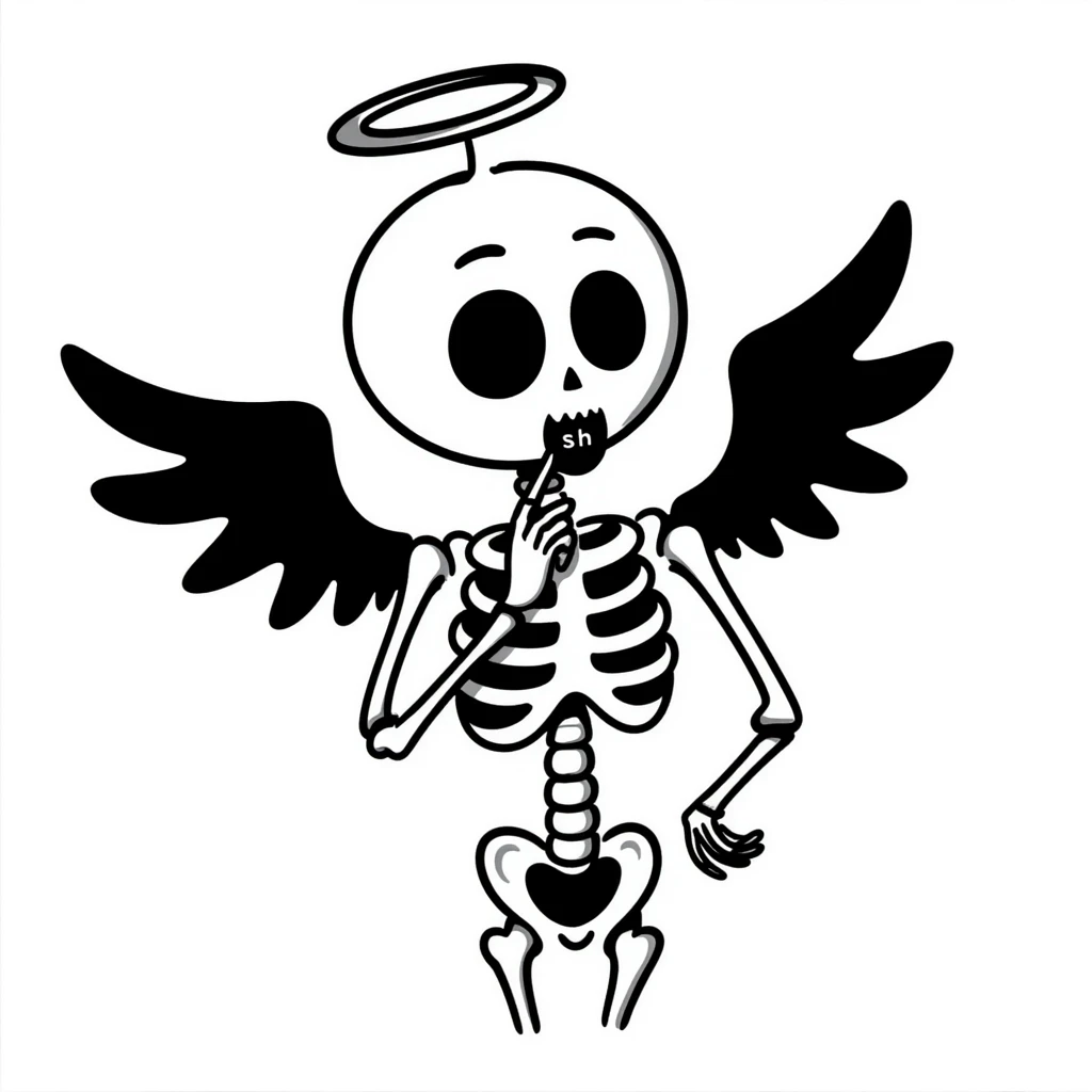 angel skeleton saying 'sh', expressive, clear pose, hand drawn doodle style emoji