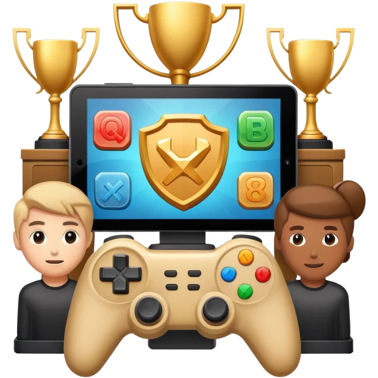 Gaming console with 'qbix88' displayed on screen, surrounded by trophy, controller and team of players emoji