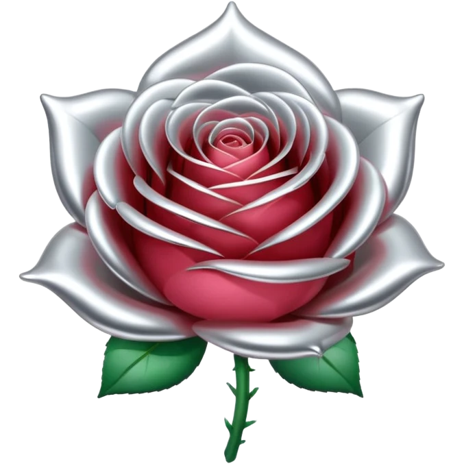 A rose emoji made of liquid silver metal, smooth metallic petals, reflective chrome surface, soft gradients, elegant shape, minimalistic iOS emoji style, centered, clean white background, realistic highlights, no text emoji