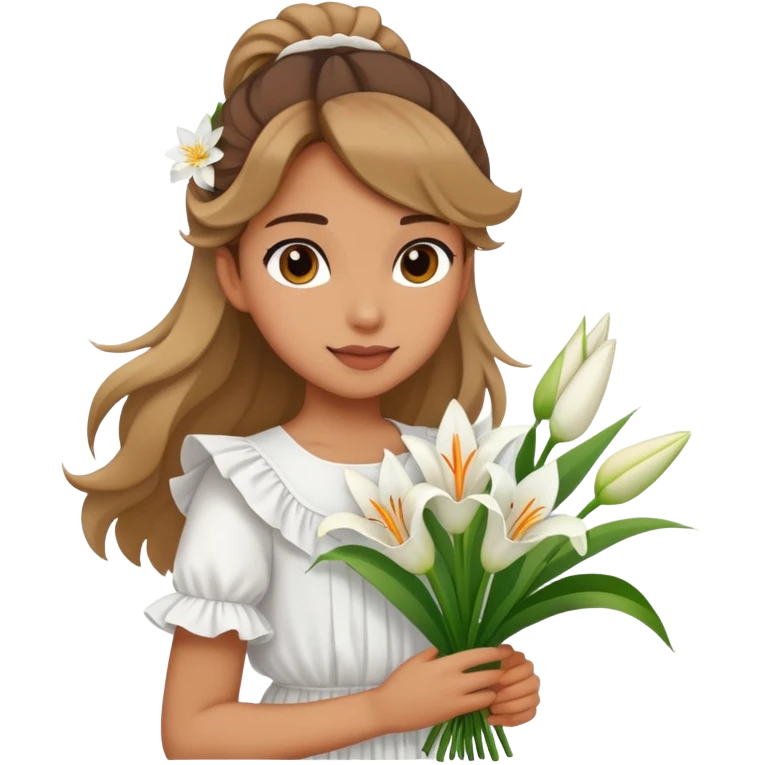  A girl with a half-up half-down hairstyle, and a white ruffled top, enjoying the spring breeze.Holding a bundle of lily emoji