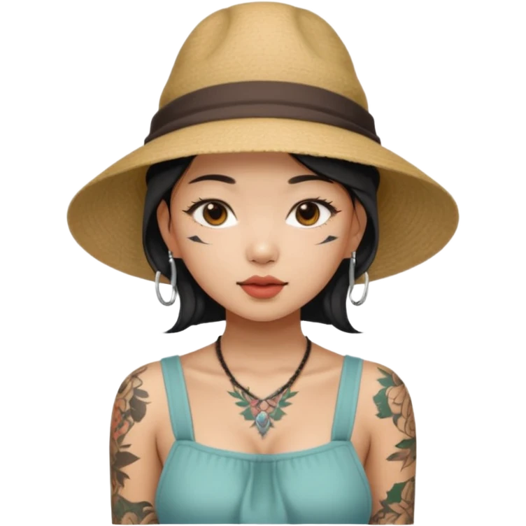 asian girl with neck tattoo and 2 string dress, bib boobs, fashion hat emoji