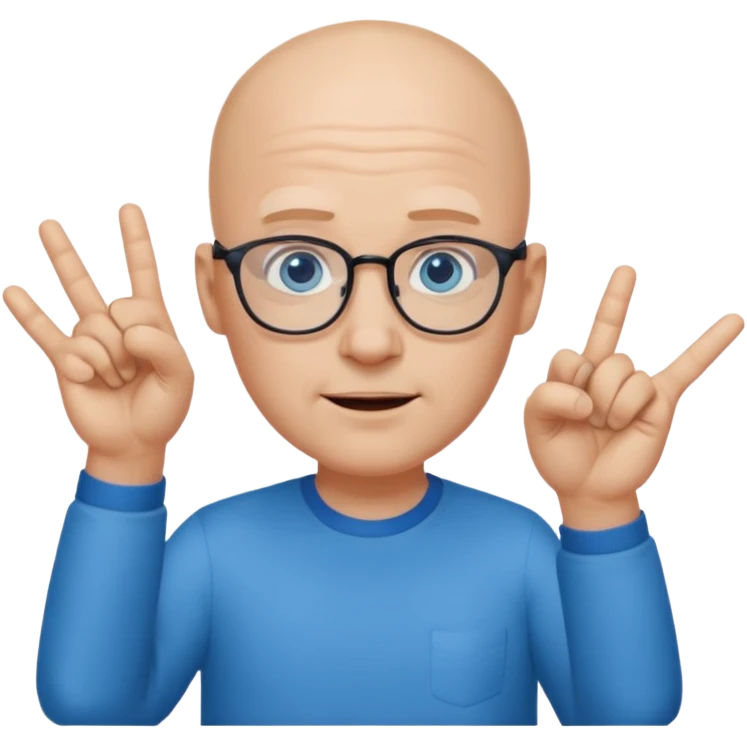 bald man with blue eyes and eye glasses oh well hand gestures emoji