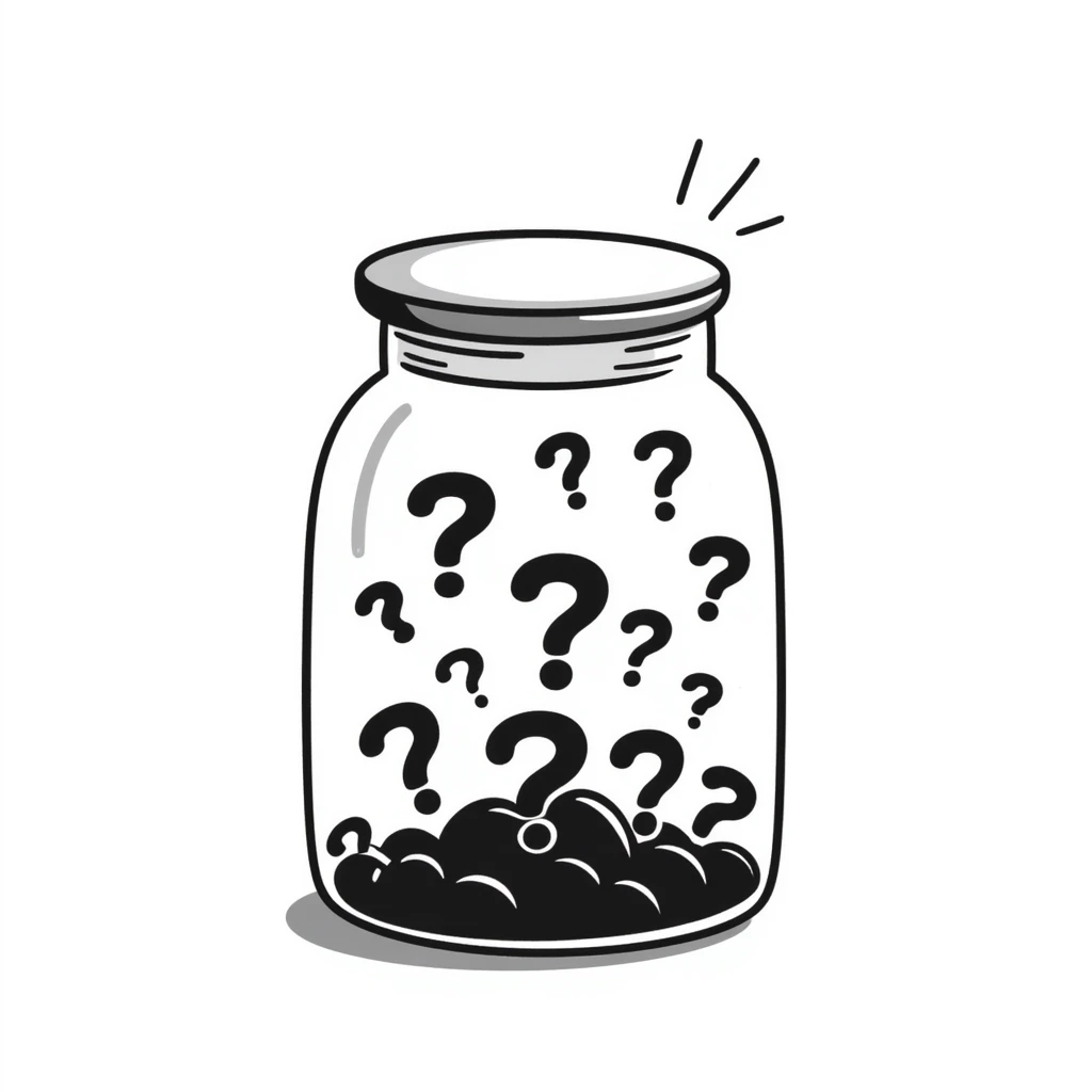 glass jar filled with question marks, hand-drawn doodle style emoji
