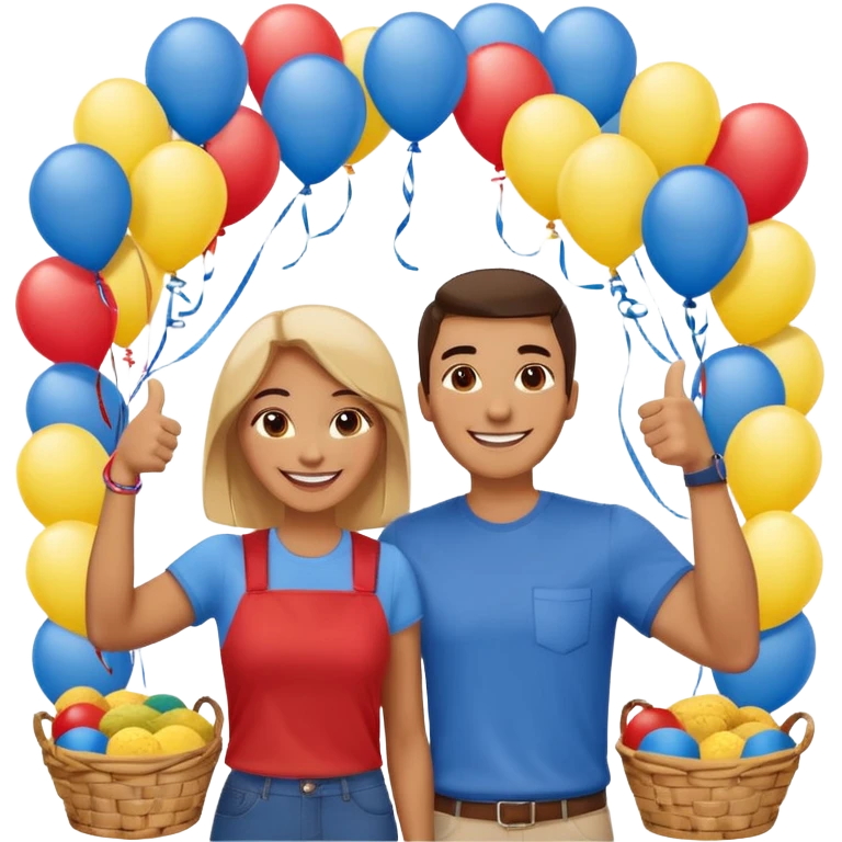 party table decorated with red blue and yellow colors, including a backdrops, balloons arch, streamers and more. On the table are intricate displays of colombian arepas, and baskets of money. In the forefront is a woman and man in simple clothing, big smiles and big thumbs up emoji