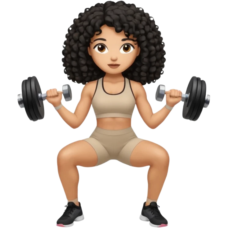 Mixed-race woman with caramel skin, black curly hair, wearing beige activewear, doing light dumbbell curls emoji