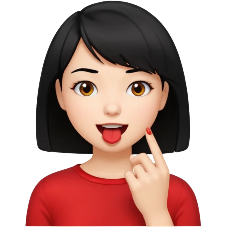 Chicas con pelo negro y corte bob haciendo que se muerde uno de sus dedos de manera picara, puedes hacer que se muerda el dedo sin sacar la lengua gua emoji
