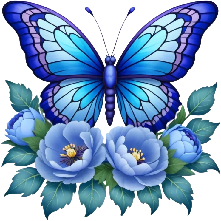 A radiant butterfly with ocean blue and periwinkle wings, adorned with intricate patterns resembling stained glass, fluttering around a bouquet of lush, ruffled pastel blue peonies and velvety royal blue pansies, resting on a vintage lace tablecloth. emoji