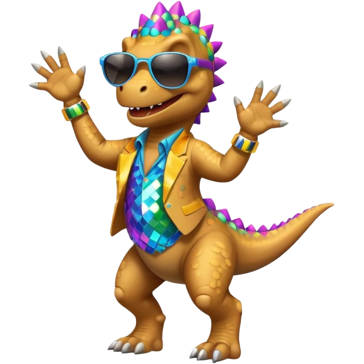 Un dinosaurio bailando con outfit disco y gafas oscurass. emoji