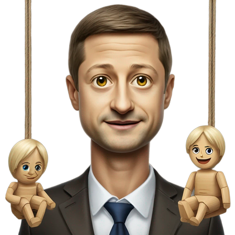 Hyper realistic Vladimir Zelensky pulls the strings of a wooden doll emoji
