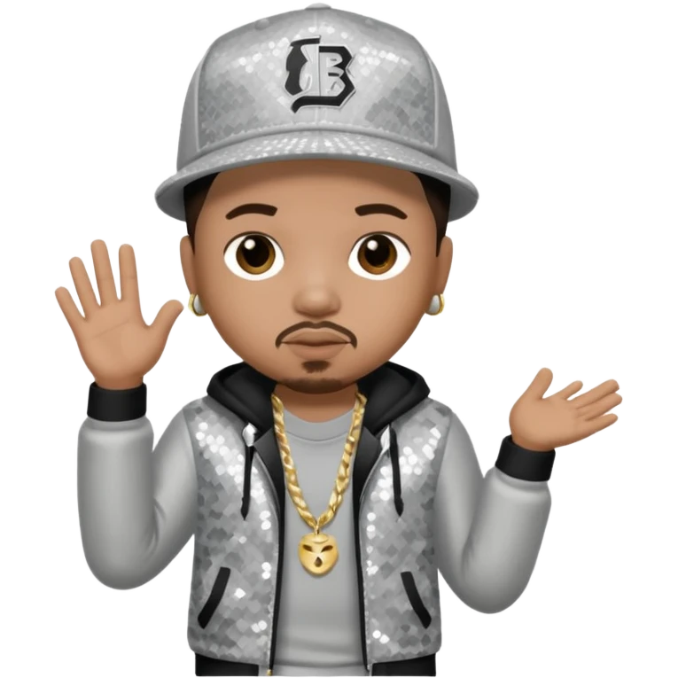 Baby Bash, Rapper with dark brown hair, light grey sequin outfit emoji