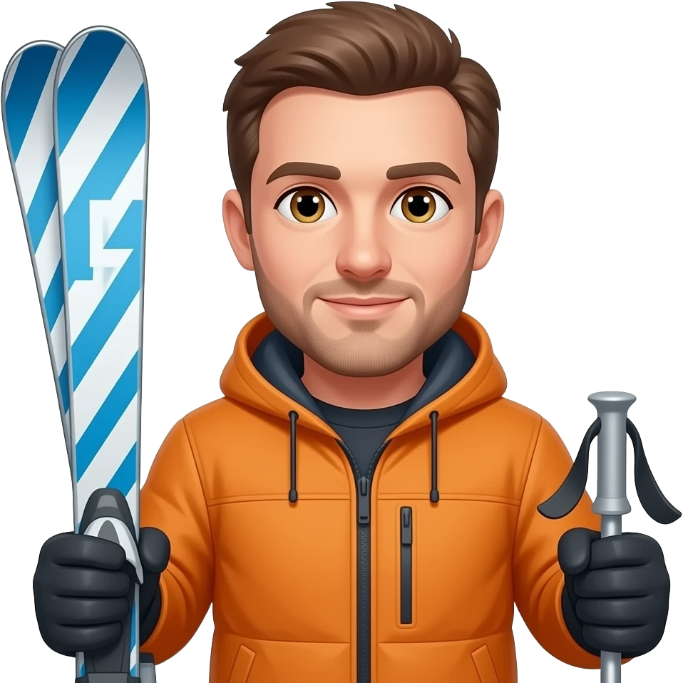 man holding blue and white patterned skis in one hand and poles in the other, no helment, hazel eyes, organge jacket emoji