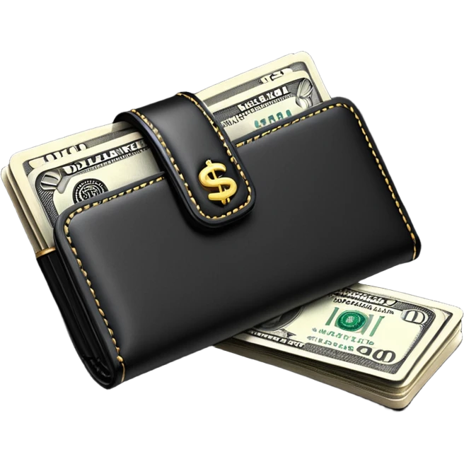 Rich emoji style black leather wallet with dollar bills, luxury money vibe, premium 3D emoji, ultra clean, high detail, no background
 emoji