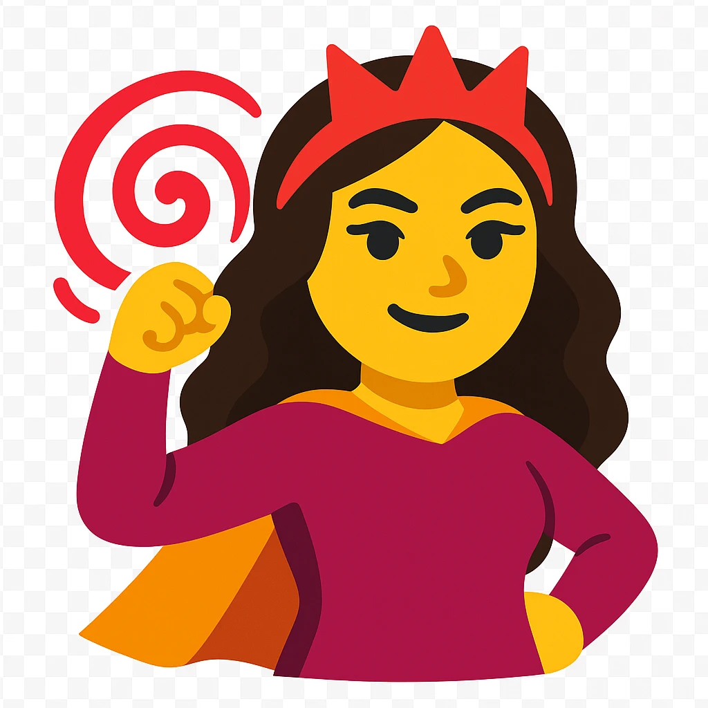 Transform this person into a magical heroine emoji with a red crown-like headpiece, swirling red energy, and a confident pose. Vibrant colors emoji