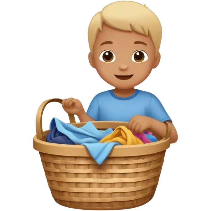 child dropping dirty clothes into a basket, cheerful and responsible emoji