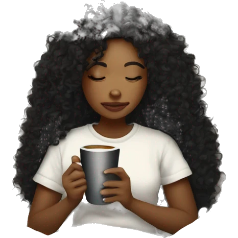 White skin color black curly hair girl inside a blanket sipping coffee şeyes closed emoji