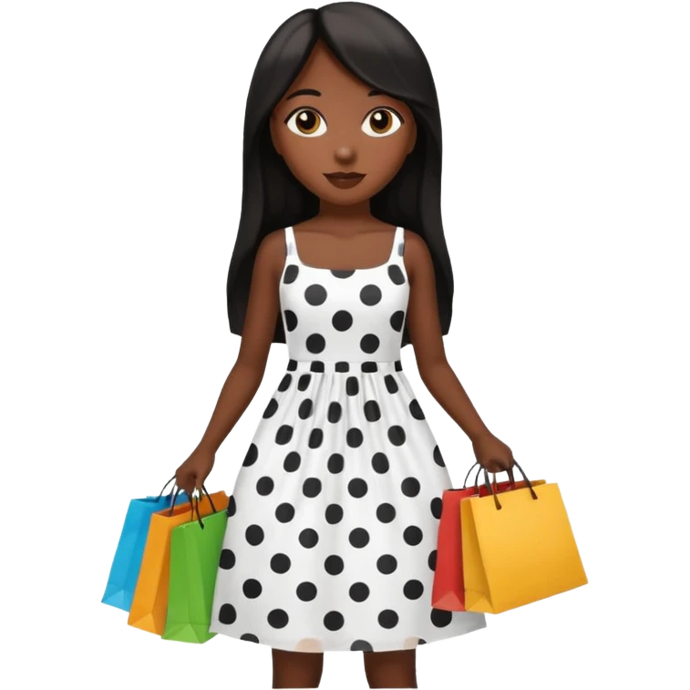 black girl with long straight hair and white dress with black dots holding shopping bags  emoji