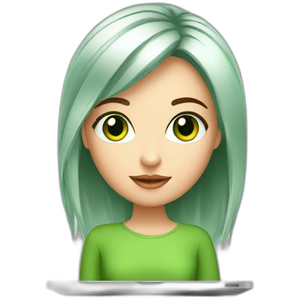 beautiful girl with computer,green eyes,beautiful girl with short read hair with computer, emoji