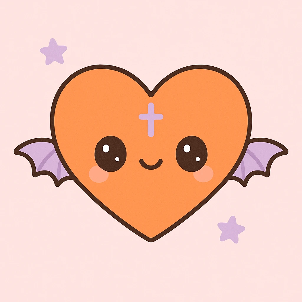 Make the heart orange, keep the cute kawaii style with a smiling face and goth details. emoji