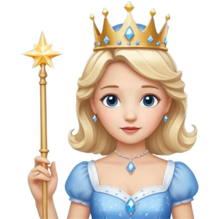 dorothy queen blonde hair, white dress with magic wand, rounded sparcle, and crown on head.Decolded blue dress emoji