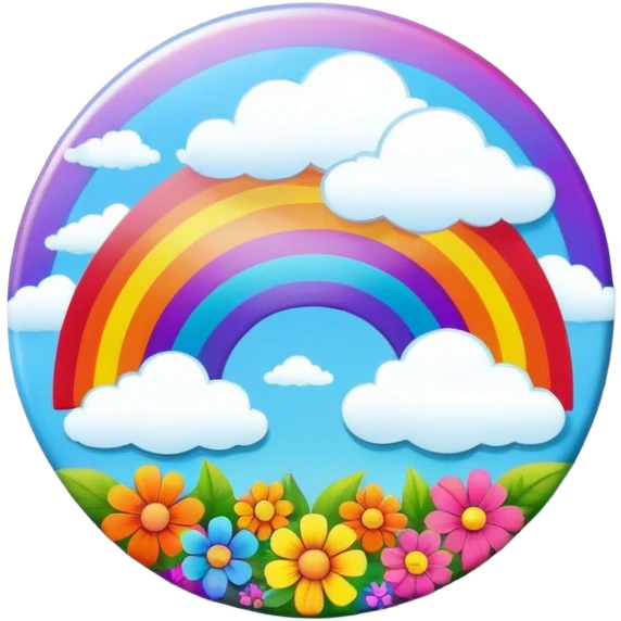 A round psychedelic colored button with a bezeled rainbow with clouds and colorful hippie style flowers emoji