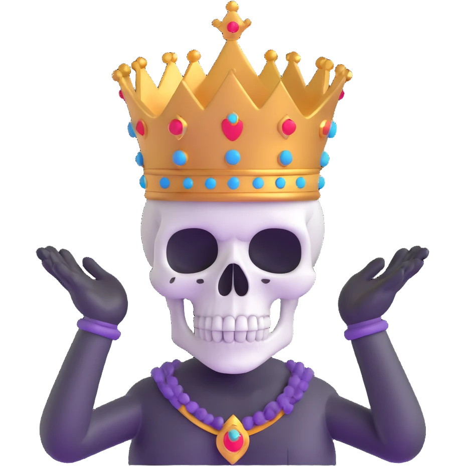 A shocked skull with a crown on top, both hands raised pressing on its head in disbelief, black and white emoji