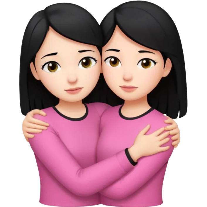 Two girls with black hair, one wearing white shirt and the other wears pink shirt, hugging each other romantically  emoji