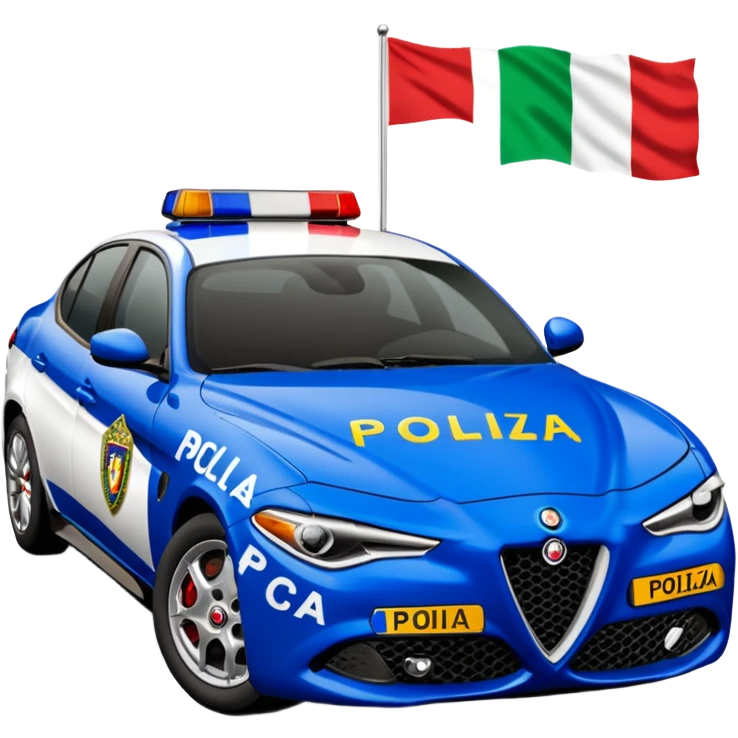 crea auto di servzio alfa romeo giulia colore nero con la scritta sul lato polizia penitenziaria e la un leopardo e la bandiera italiana emoji