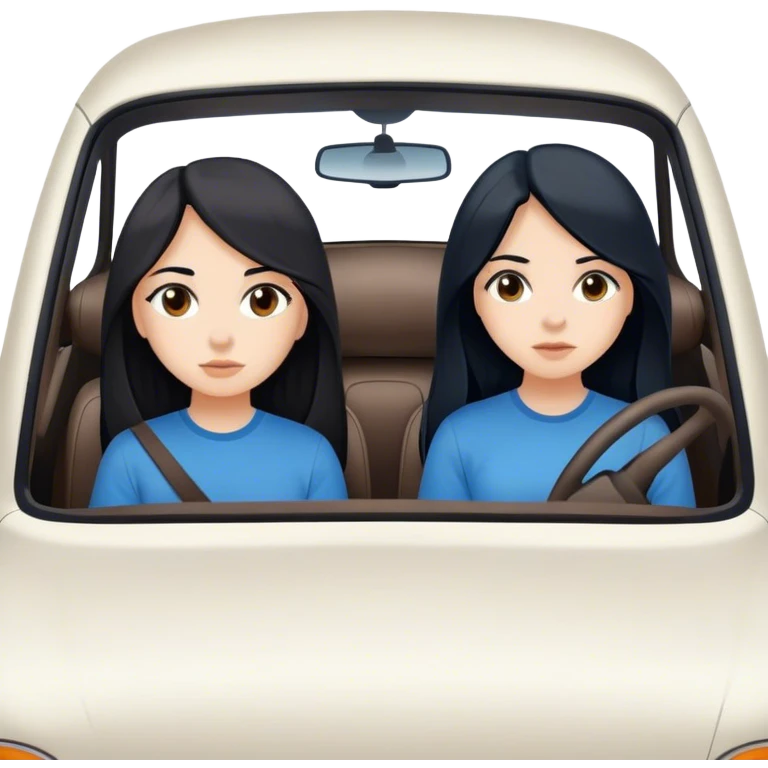 Two girls both with black long hair brown eyes different one with a blue shirt one with a black shirt in a white car driving to a destination emoji