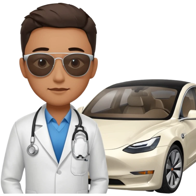 White tesla model 3 with a cool physician with sunglasses next to it emoji