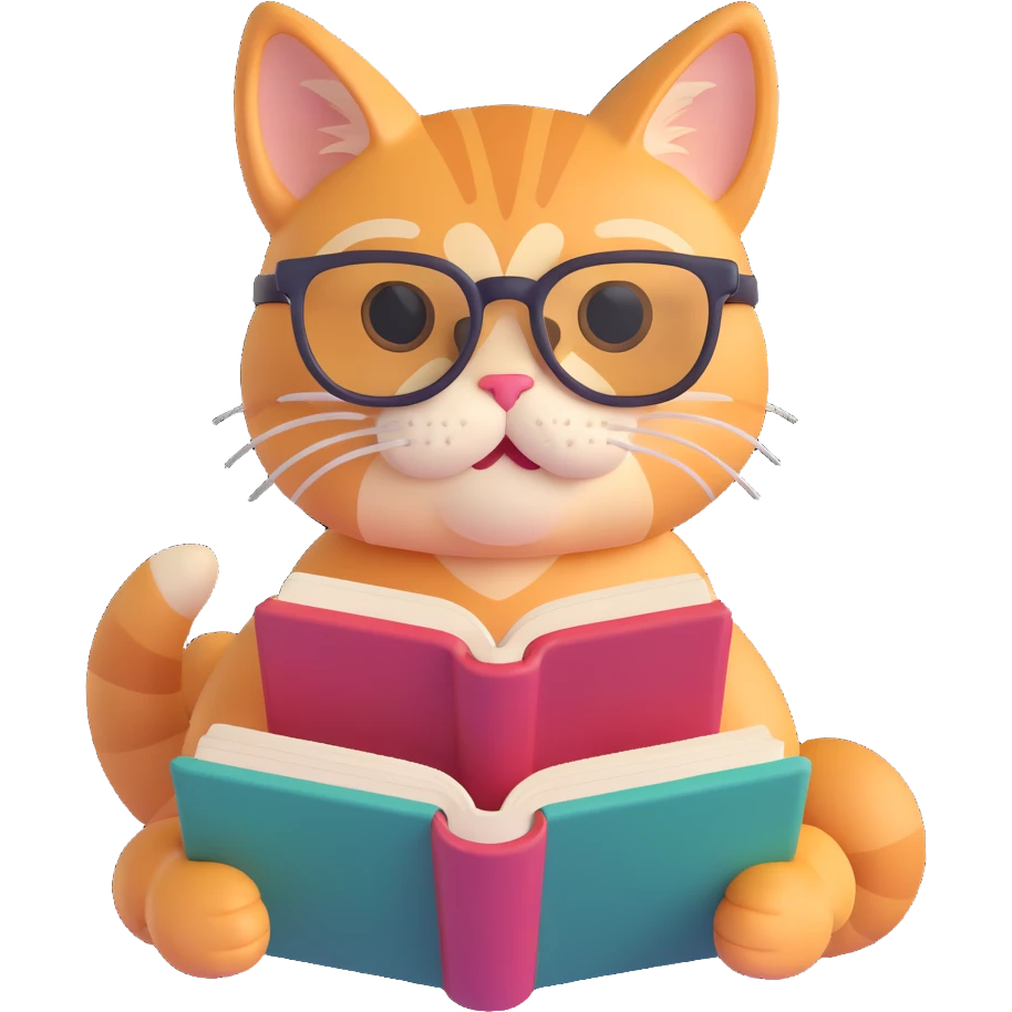 A cat with glasses reading a book, bright and cheerful colors, dynamic pose, engaging scene emoji