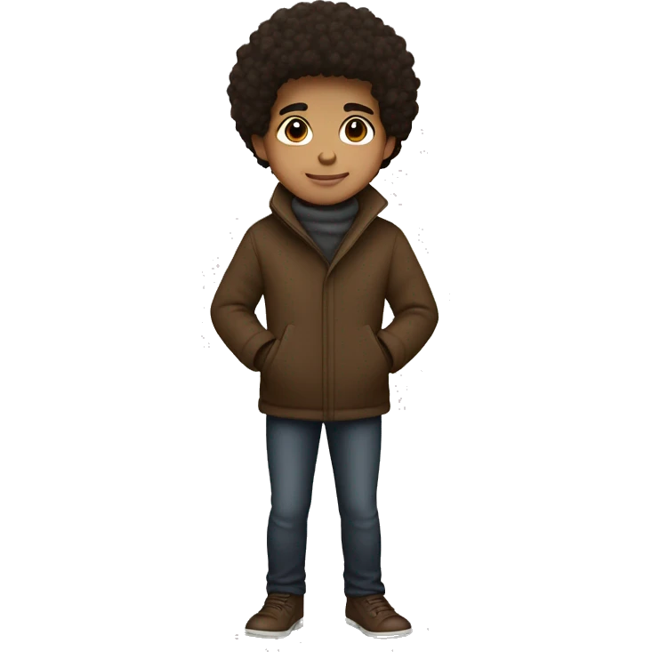 winter, christmas, hispanic, afro hair,  boy, short hair, brown eyes, child, full body, brown coat emoji