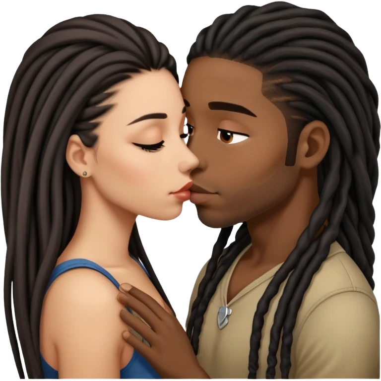 Latina Woman with long hair kissing a young black guy with dreads chin hair emoji