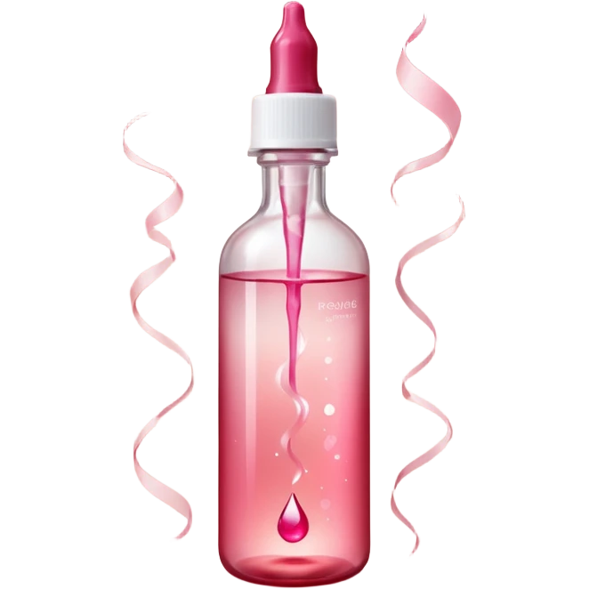 Translucent reddish-pink dropper bottle with white cap and minimal label, glowing softly. Floating in a faint red aura with swirling light ribbons and tiny peeling sparks lifting upward. by shimmer flakes, symbolizing cell renewal. Feels like a silky exfoliation elixir sealed in a potion vial  emoji