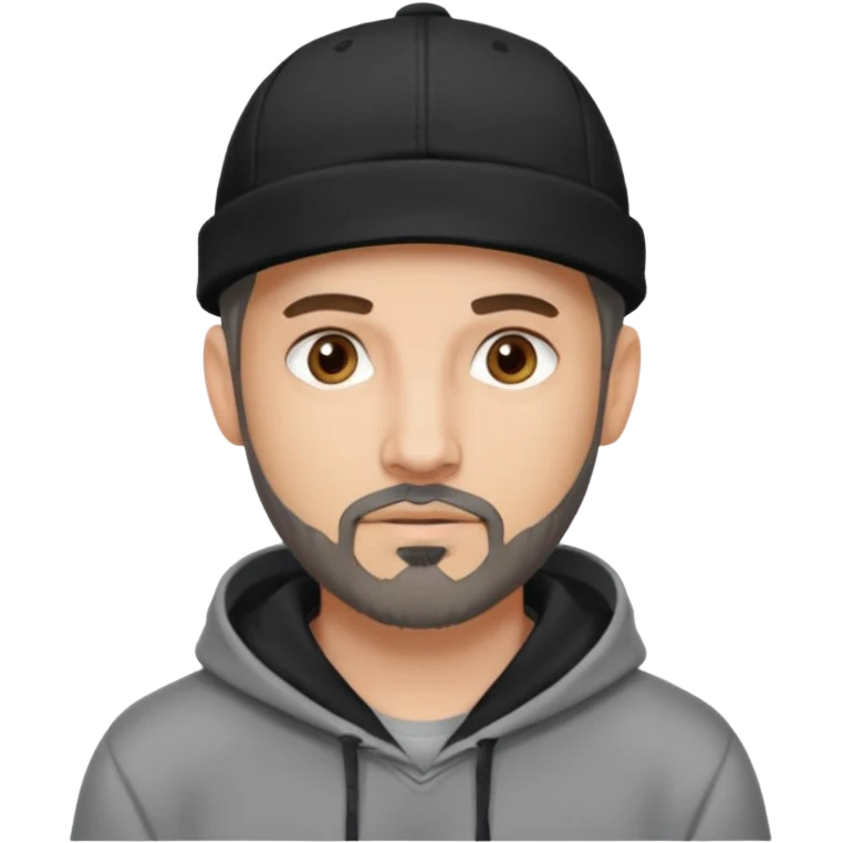 Hombre de ojos claros, con barba fina y perilla, gorra negra bordada, y sudadera gris. Expresión relajada y estilo urbano. emoji