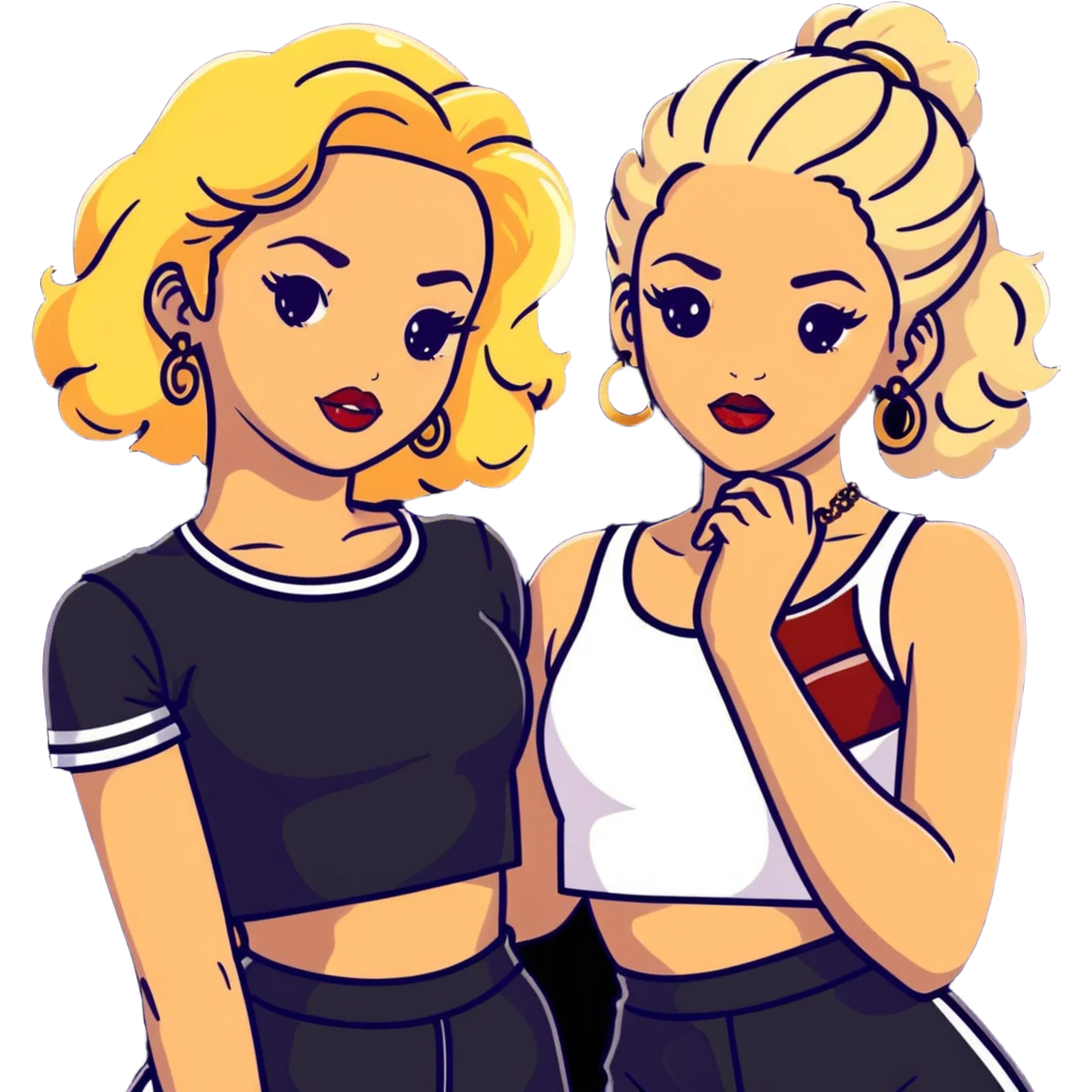 Two teenage girls together, one white with blonde hair and one brown-skinned with curly dark hair, both with heavy makeup, big lips, crop tops, gold jewelry and flashy choni style outfits emoji