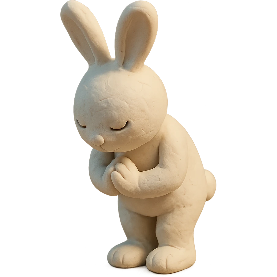 white bunny bowing politely, paws together, claymation style emoji