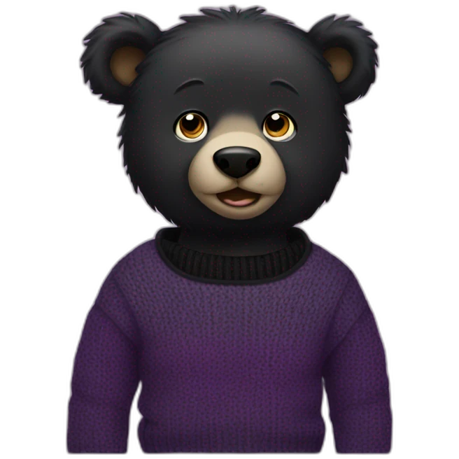 black bear in a black and purple sweater and black jeans with pink eyes.  emoji