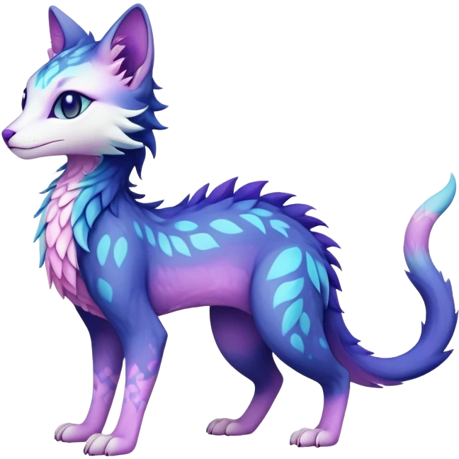 Kawaii dark blue indigo cyan purple violet pink beige white fantasy ethereal feline-vernid-sergal-fursona animal creature with a tufted tail full body with intricate markings emoji