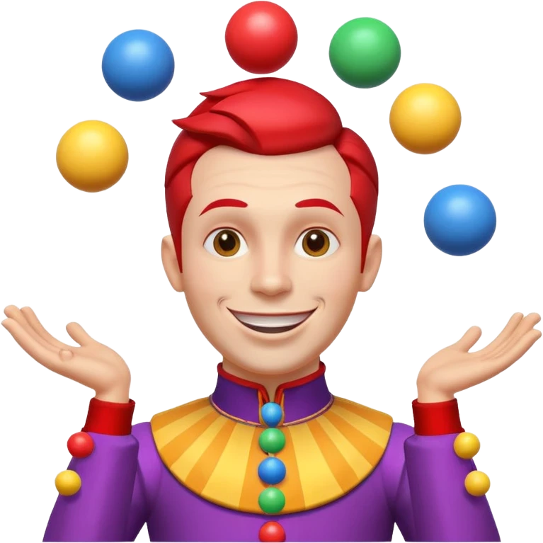 circus juggler portrait, head and shoulders only, colorful outfit collar, playful grin, juggling balls visible near shoulders, 3D cartoon, mobile game icon style, clean background, no text, no watermark
 emoji