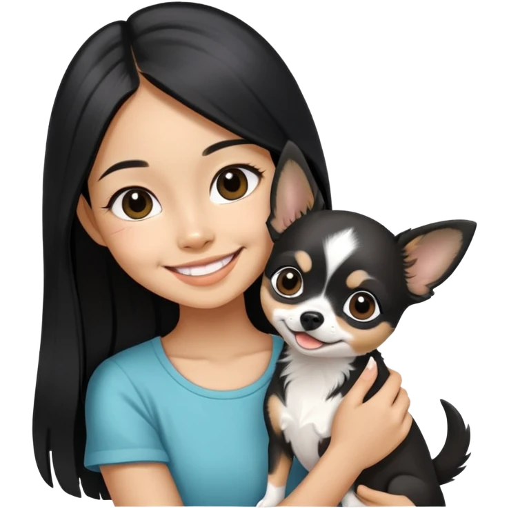 Smiling Thai girl with long black hair petting a tiny black and white Chihuahua emoji