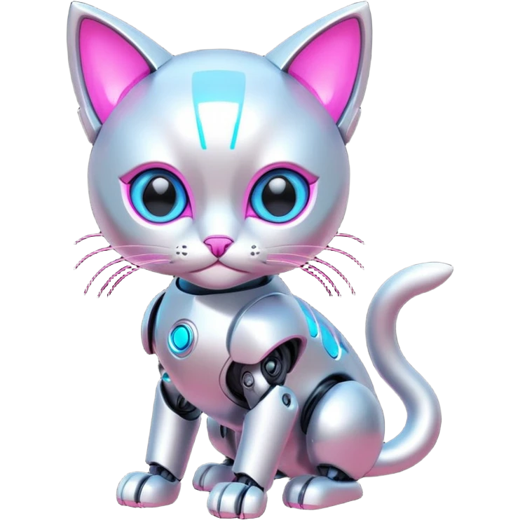 Robot kitten with pink and neon blue eyes emoji