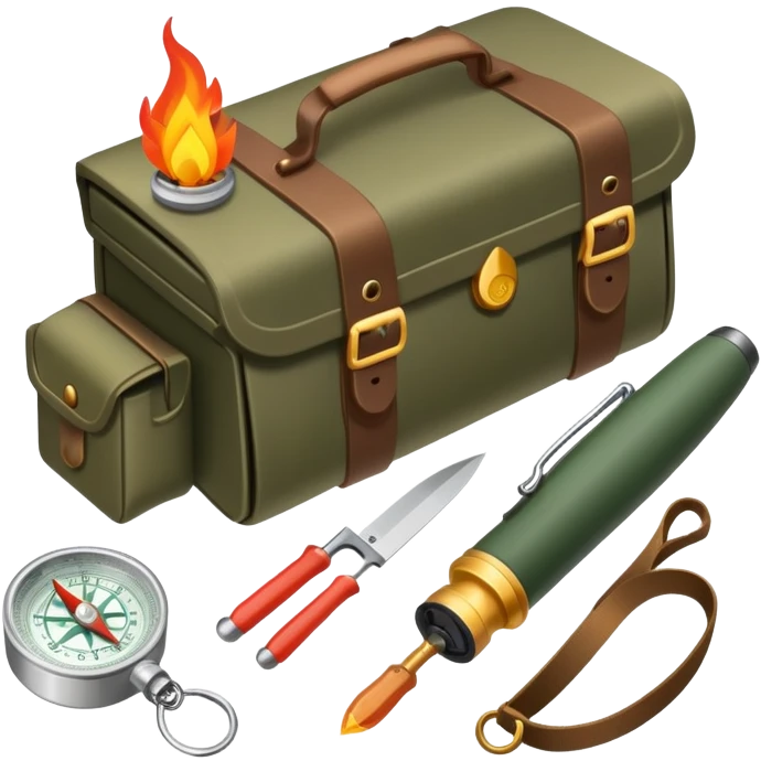 bushcraft survival kit with knife, compass, and fire starter emoji