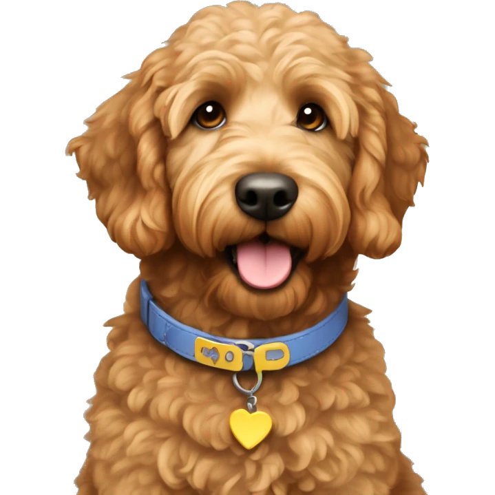 Small brown golden doodle with a collar that says Belle emoji