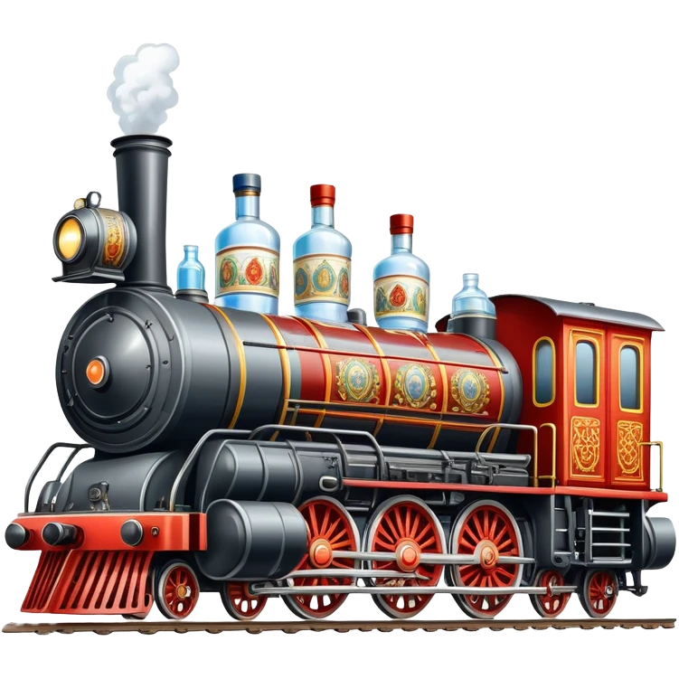 A locomotive train with vodka bottles and Russian elements from Moscow emoji
